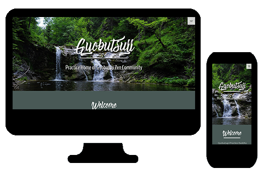 Vector showcase of the new Gyobutsuji Zen Community website on desktop and mobile